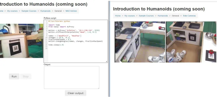 Fig. 5. Remote programming with the NAO humanoid: we can see two browser windows, in the left one we can see the written code that has been sent to the server and executed by NAO, and the real time view of the robot’s camera; in the right window we can see