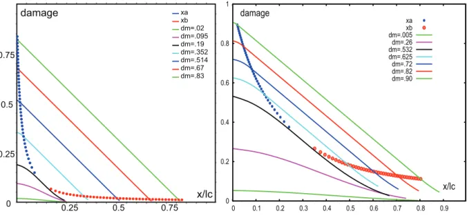 Figure 3: Damage profiles d ( x ) for K = 0 . 01 (left) and K = 0 . 1 (right).