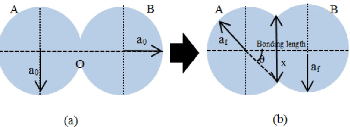 Figure 30: Schematic representation of the coalescence of two particles a) Initial state before coalescence b) Filaments  undergoing bonding by coalescence [47] 