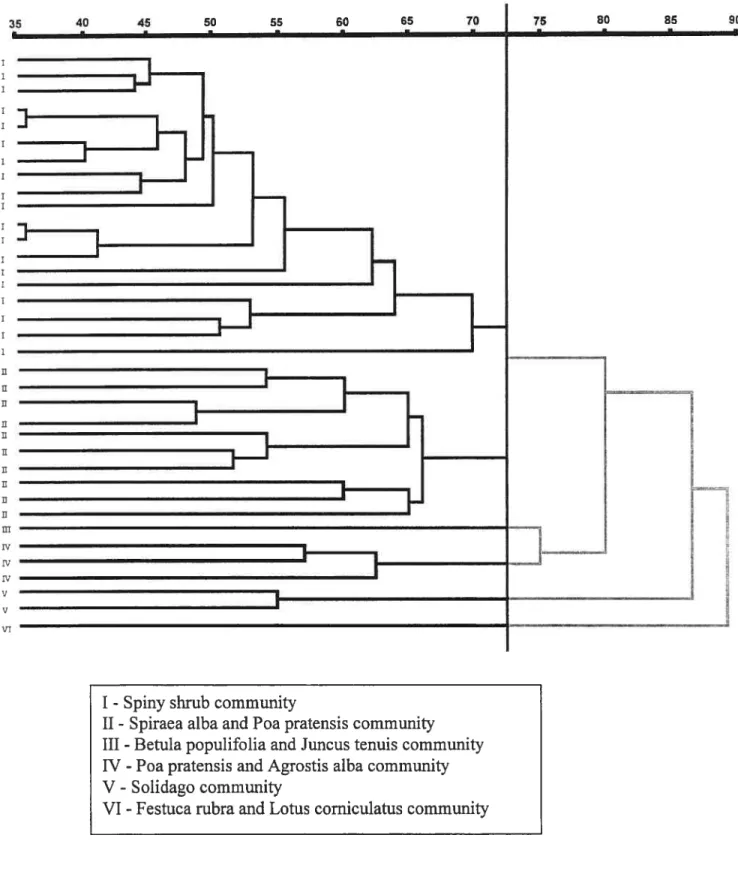 Figure 5. Cluster analysis dendrogram (WPGMA) ofthe 36 studied abandoned farmlands