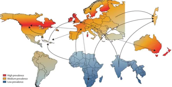 Figure 3.2: Geography of multiple sclerosis: The world map is represented to indicate regions with low prevalence of MS (blue), medium prevalence (orange), high prevalence (red), and absence of regions means the lack of information