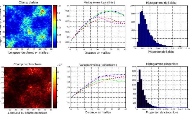 Figure 4.14 – Champs, histogrammes et variogrammes d’albite et de clinochlore simul´ es