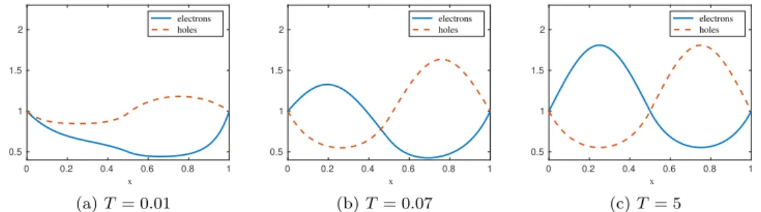 Figure 4: Evolution of approximate densities in Case 1, for C piecewise constant with kCk ∞ = 20.