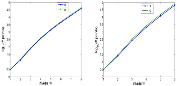 Figure 3.5 – Comparaison du cardinal de la grille clairsemée H α (w, N) avec celui de la grille H α(w,N˜ ) , (gauche l c = 0.5, droite l c = 0.2).