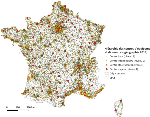 Figure 1 : Carte de la hiérarchie des centralités à l’échelle des communes en France métropolitaine  (Géographie 2019) 
