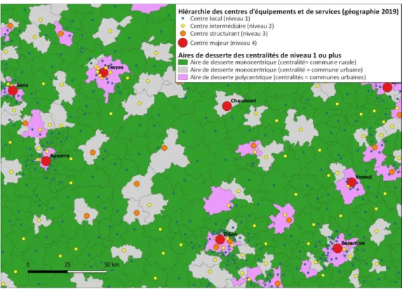 Figure 7 : Carte des aires de desserte des centres locaux et supérieurs :  zoom sur Bourgogne-Franche-Comté et Grand Est 
