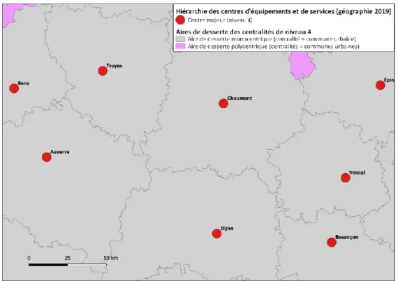 Figure 16 : Carte des aires de desserte des centres majeurs :   zoom sur Bourgogne-Franche-Comté et Grand Est 