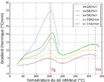 Figure 3-6: Evolution du gradient thermique au cours de la consolidation pour différentes vitesses de  chauffe 