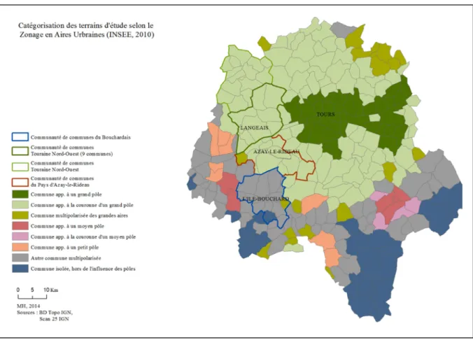 Figure 6 : Catégorisation des trois terrains d’étude selon le Zonage en Aires Urbaines de l’INSEE (2010) – MH, 2014 