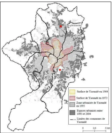 Figure 14  : Carte de l’expansion urbaine de Yaoundé entre 1964 et 2004 par Sarah Dauvergne  (Dauvergne, 2011) 