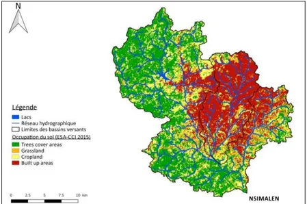 Figure 23  : Localisation de la zone d’étude c artographique : le bassin versant de la Méfou à Nsimalen ; réseau  hydrographique (SRTM 2014) et occupation du sol (ESA-CCI 2015) 