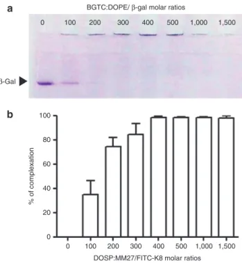 Figure 5  Complexation of the  β -gal anti-FITC-K8 protein with the  BGTC:DOPE or DOSP:MM27 lipids depending on molar ratios