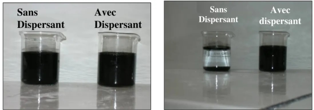 Figure IV- 3 : Solution de carbone avec et sans dispersant juste après préparation (gauche) et quelques  minutes après préparation (droite)