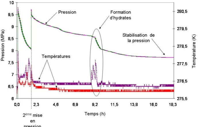Figure 7.1 – Courbes de pression et de température   pendant la formation d'hydrates 