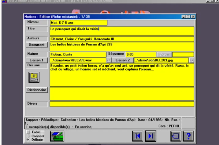 Figure 1. Exemple d’une référence documentaire extraite de la base de démonstration fournie avec le logiciel BCDI 2 école.