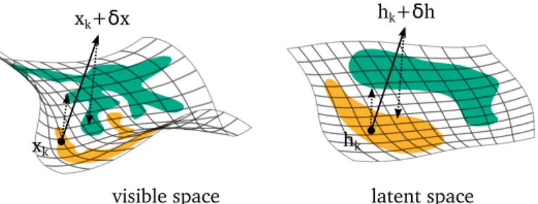Figure 2.2 – An illustration of the process of mapping back to the manifold in the visible space (left) and the hidden space (right)