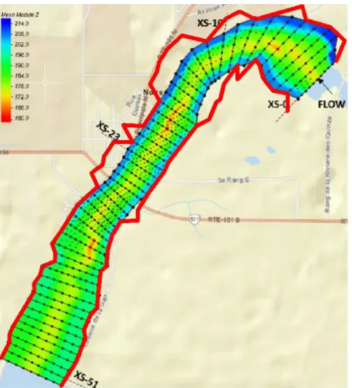 Fig. 13. The  predicted bankline changes  after  dam  break occurrence (Red  line) (retreats are 10 times 697  exaggerated)