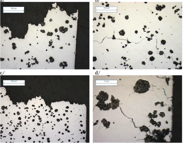 Fig. 1 : Fractography of LCF tested specimens at 300 ◦ C (a/ and b/) and at 500 ◦ C (c/ and d/)   SiMo  spheroidal  graphite  cast-iron  is  widely  used  by  the  automotive  industry  for  exhaust  systems