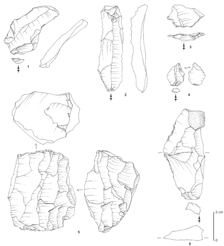 Fig. 7 – Saint-Gildas 1b à Préfailles (Loire-Atlantique). Produits de débitage caractéristiques de la collection Tessier : 1, éclat latéral d’entretien de   la table (séquence à éclats) ; 2, lame sous-crête ; 3, éclat d’entretien de table (tablette partiel