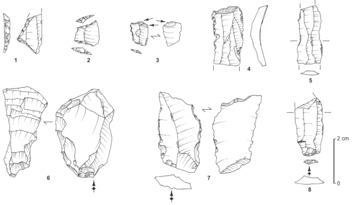 Fig. 4 – Saint-Gildas 1b à Préfailles (Loire-Atlantique). Industrie lithique significative provenant du sondage D : 1, triangle scalène cassé en partie  apicale ; 2, bitroncature symétrique ; 3, armature cassée à l’impact (bitroncature symétrique utilisée 