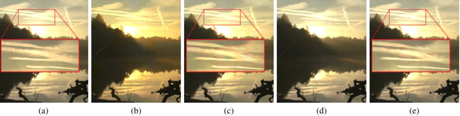 Fig. 7. Part of a frame in the sequence Fishing Longshot. (a) Original HDR image. (b) and (c) : respectively predicted and decoded image using Mantiuk et al’s method [3] for the chromatic components (i.e
