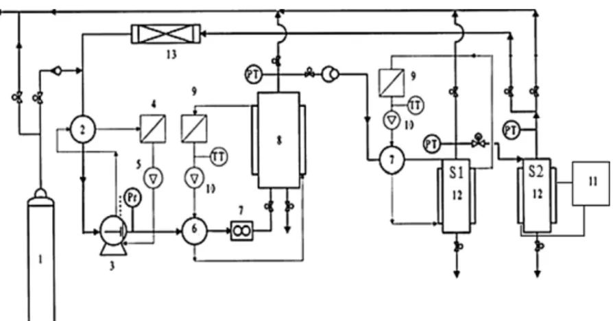 Fig. 1. Pilot scale extraction apparatus. 1 – CO 2 cylinder; 2 – condenser; 3 – CO 2 pump; 4 – refrigerator tank; 5 – refrigerator pump; 6 – heaters; 7 – mass flow meter; 8 – extractor; 9 – heating baths; 10 – pumps of heating systems; 11 – cooling bath; 1