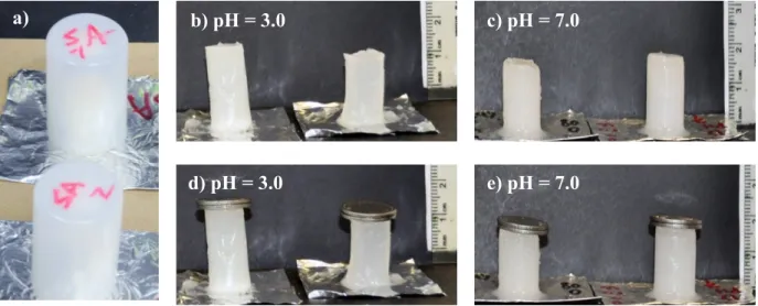 Figure  S2.  Pictures  of  concentrated  oil-in-water  Pickering  emulsions  comprising  4%  SP-SA  particles (ϕ o  = 0.8) when contained into the plastic molds (a), removed from plastic molds (b, c),  and under compressive stress (d, e)
