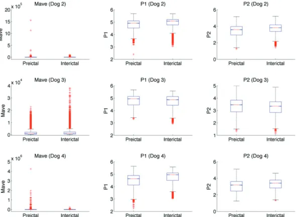 Figure 3.  Box and Whisker plots for all features from all three dogs. The red central mark indicates the median,  the bottom and top edges of the box indicate the 25th and 75th percentiles, respectively, and the whiskers extend  to the most extreme data p