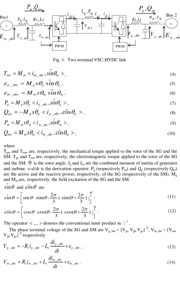 Fig. 1.  Two terminal VSC-HVDC link  _ ,memm abc mT=M&lt;isinθ &gt; ,                                                                                         (4)  _ singabcgg ge=M sθθ ,                                                                     