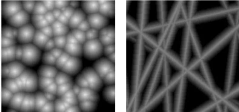 Figure 1: Examples of realizations of a Boolean random function with cone primary functions (left), and built from Poisson lines (right) 3.2 Boolean Random function and Boolean model of random