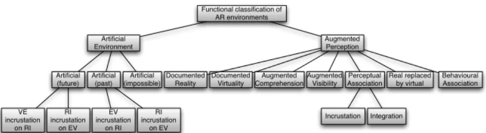 Fig. 1.1: Functional classification of AR. (RI : image with “real” content, VE : virtual entity)