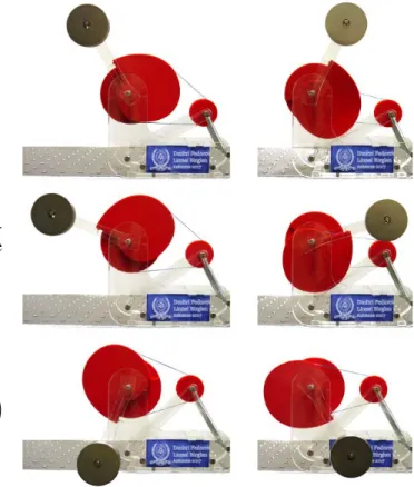 Fig. 9: Two implementations of a static balancing mecha- mecha-nism. In a), the motion of the idler pulley is a translation (Design #1), while in b) it is a rotation (Design #2).