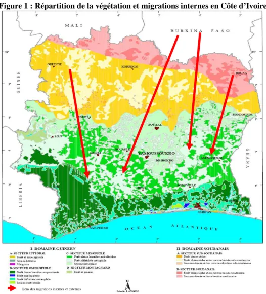 Figure 1 : Répartition de la végétation et migrations internes en Côte d’Ivoire 