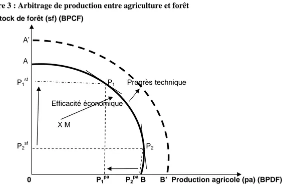 Figure 3 : Arbitrage de production entre agriculture et forêt        Stock de forêt (sf) (BPCF)                      A’                      A                   P 1 sf                                        P 1       Progrès technique                      