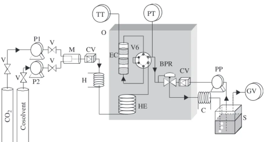 Figure 2 Flow diagram of the apparatus: V: 2 way valves; P1, P2: high pressure pumps;