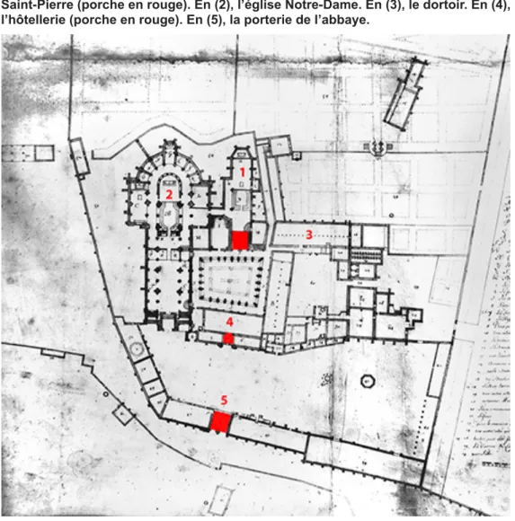 Fig. 5 – L’abbaye au  XVII e  siècle, d’après le plan de Pierre de la Vigne. En (1), l’église Saint-Pierre (porche en rouge)