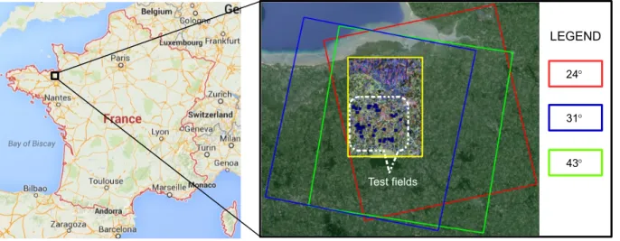 Fig. 1. Study site and the multi-angular RADARSAT-2 image swaths.