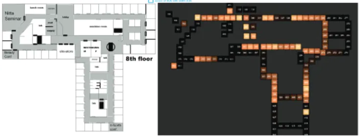 Fig. 3. Left: plan of one of the two ﬂoors in the MERL building used for the sensor network experiment [38]