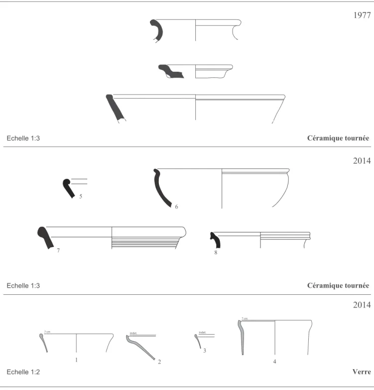 Fig. 14 : Verre et céramique tardo-antique issus des différentes fouilles conduites sur le site de « La Farre » (dessin et DAO : E