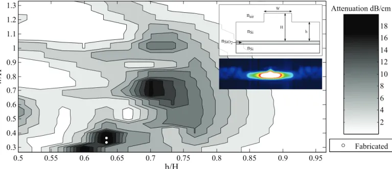 Fig. 2. Combined attenuation map for modes HE 10 , HE 20 , HE 30 and HE 40 at wavelengths of λ = 1 