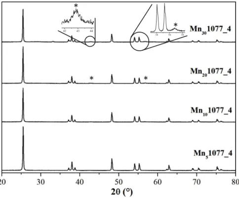 Figure 4. X-ray diffraction lines of Mn x 1077_4 samples (* = MnO 2 pyrolusite polymorph).