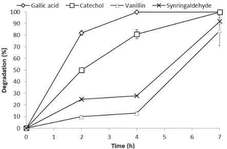 Figure 4. Degradation of the individual phenolic compounds using the solid laccase enzyme as a function of time.