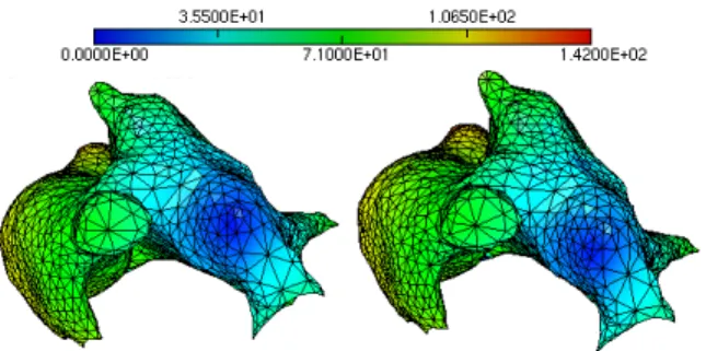 Figure 5. Comparison of the activation times: exact acti- acti-vation times (left) and actiacti-vation times reconstructed with RKHS metamodel (right).