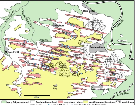 Figure 1 – Carte géologique simplifiée du Massif de Fontainebleau. Les  alignements gréseux forment des reliefs très réguliers qui ont été induits  par l’édification de dunes littorales lors du dépôt des Sables de 