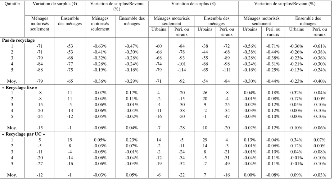 Tableau 6: Résultat de la simulation du scénario de taxe carbone de référence a  Variation de surplus (€)  Variation de surplus/Revenu 