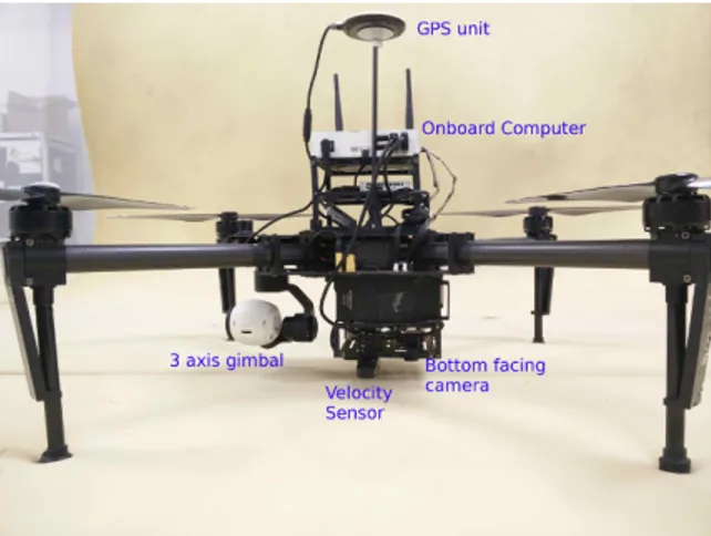 Fig. 4 The M100 quadcopter. Note that all side facing cameras of the Guidance module were removed and the down facing BlueFox camera sits behind the bottom Guidance sensor.