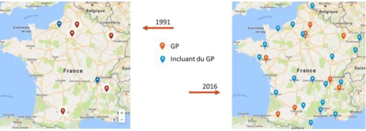 Figure 1.3 : Evolution des formations « ingénieur» en génie des procédés ou incluant du génie des  procédés entre 1991* et 2016 (*établissements répertoriés dans le rapport Gaillard, 1991) 