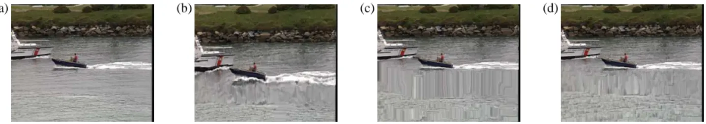 Figure 7. Coastguard: (a) conventional H.264/AVC, (b) no seam coding, (c) our proposed approach, (d) total seam coding.