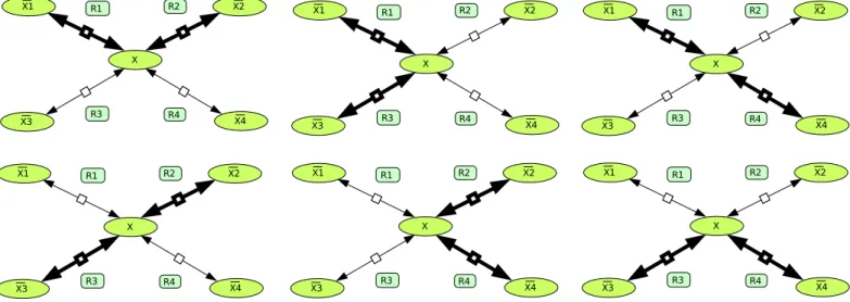 Fig 2. Reversible EFMs of the simple metabolic network example.