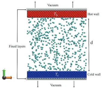 Figure 1. Schematic representation of the simulation setup; two walls kept at a distance d apart; they are thermostated at a low temperature T c (bottom wall) and a high temperature T h (top wall).